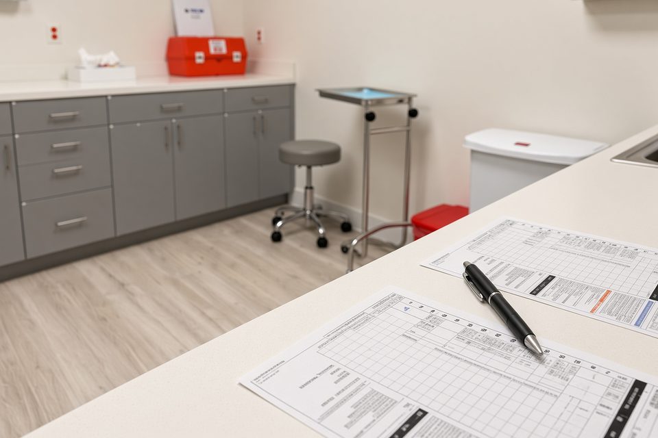 Printed forms and a pen on a white exam-room counter, with gray cabinets and a rolling stool behind them. Illustrative photograph, not a Canby Community Clinic record.