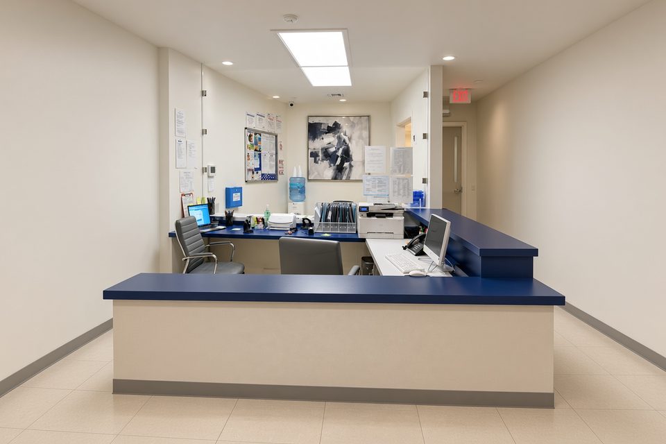 A clinic reception desk with a blue counter, chairs, and office equipment. Illustrative photograph, not Canby Community Clinic staff.