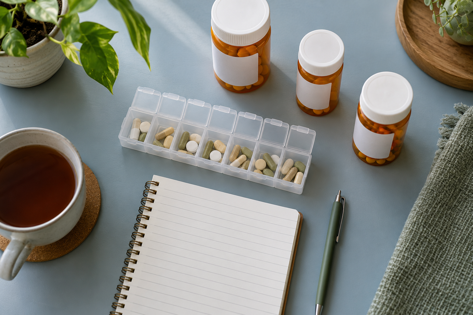 Medicine bottles, a pill organizer, and a notebook for a medication list