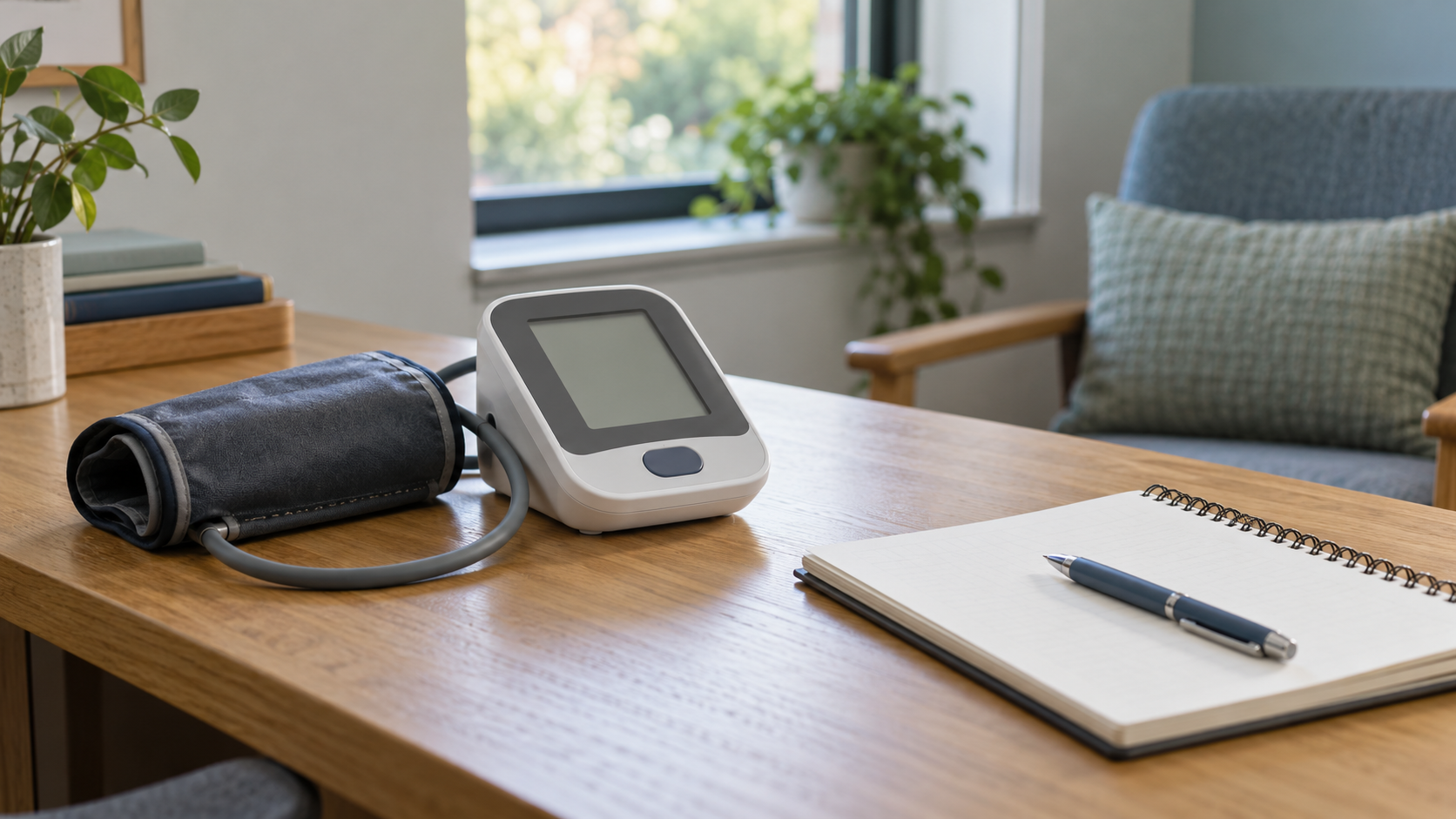 Blood pressure monitor and a notebook for questions