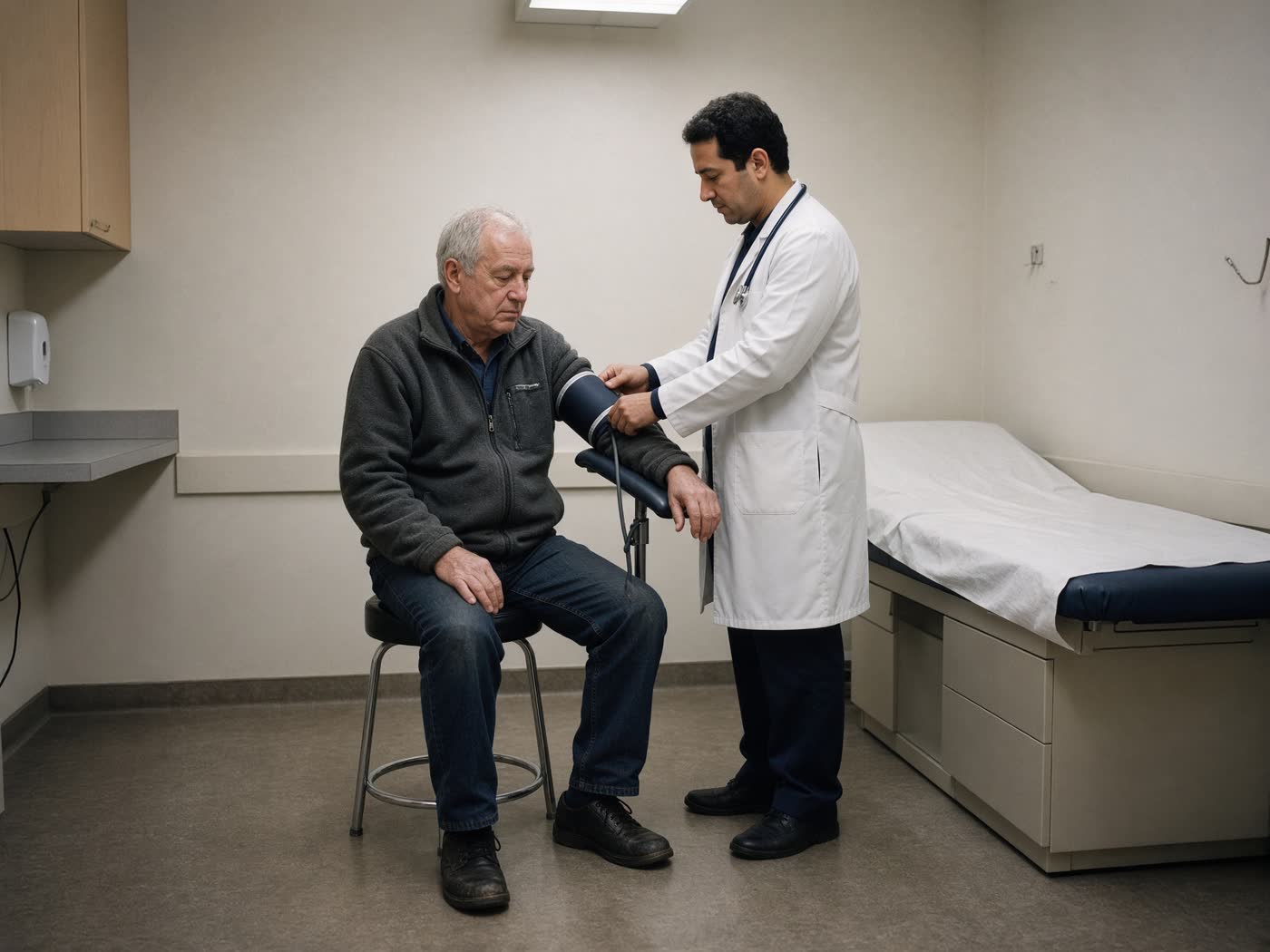 A blood pressure cuff on an arm in a quiet room.