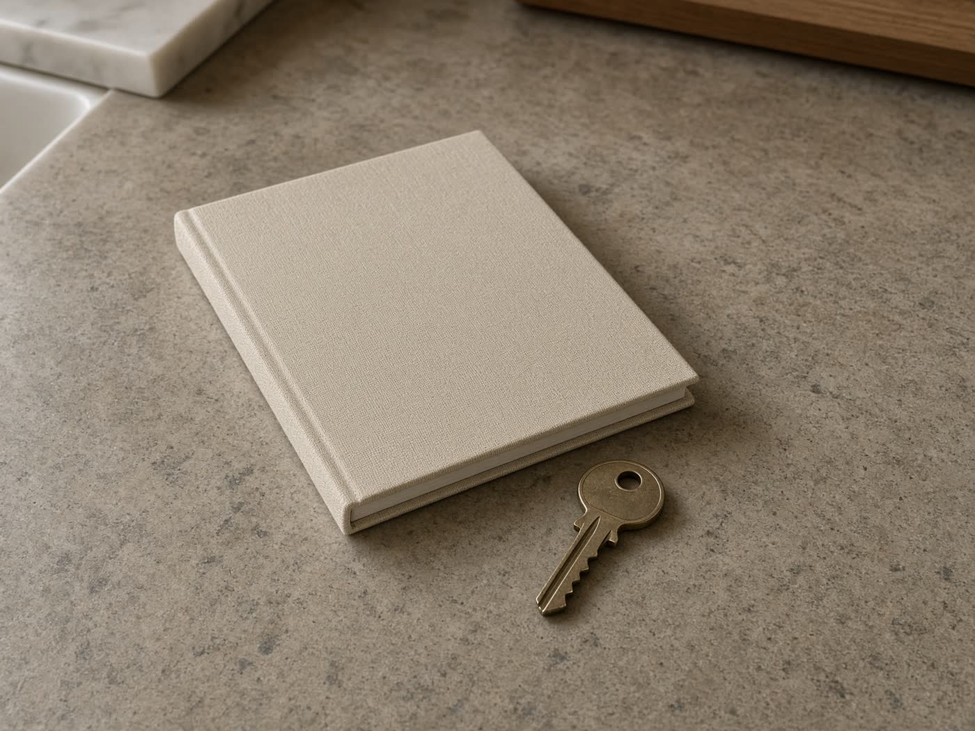 A woman calls from a kitchen table with a blank notebook.