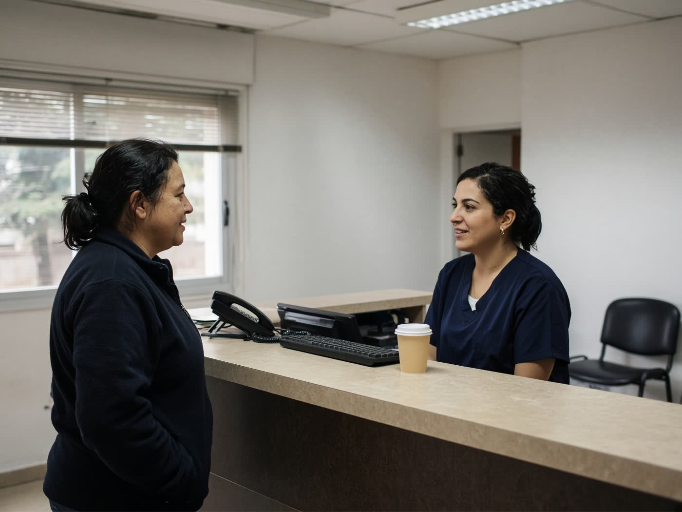 A clinician and a patient talking in a small office.