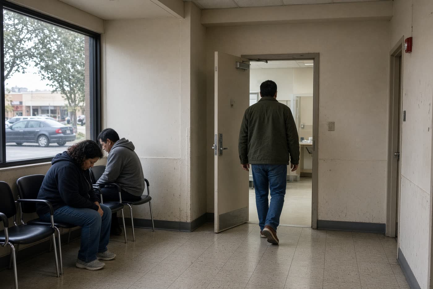 A quiet clinic corridor with closed doors.