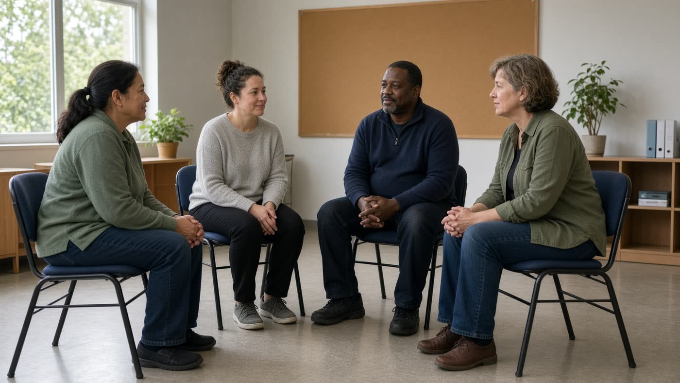 Adults sitting together in a community room.