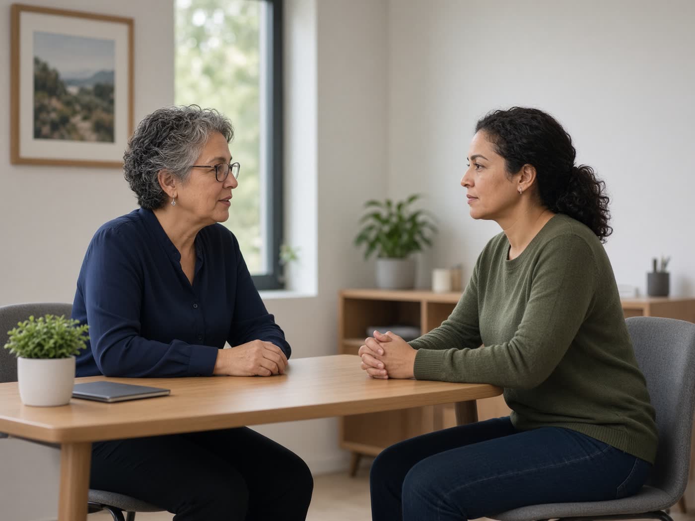 Two people talking across a desk.