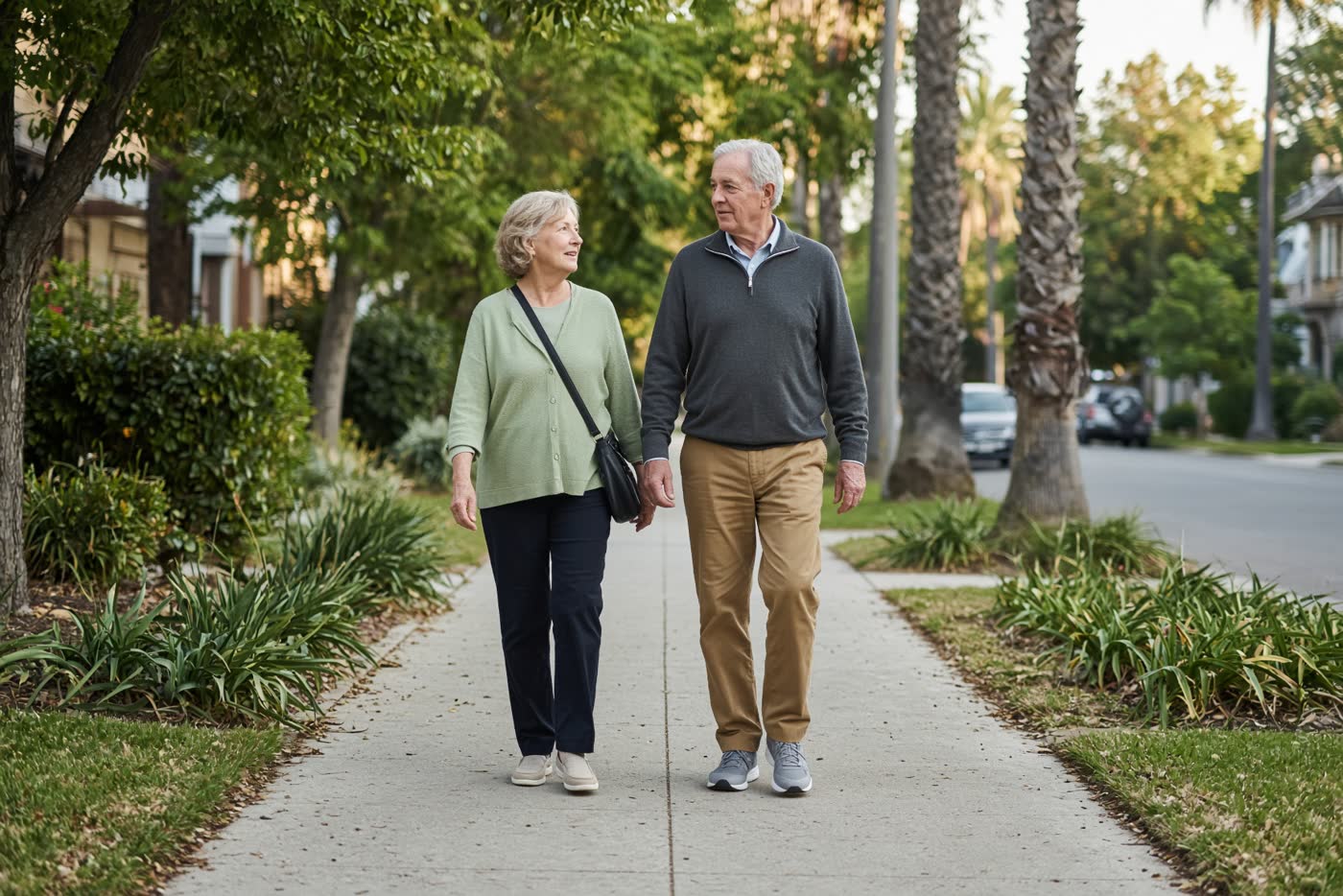 Two people walking on a sidewalk.