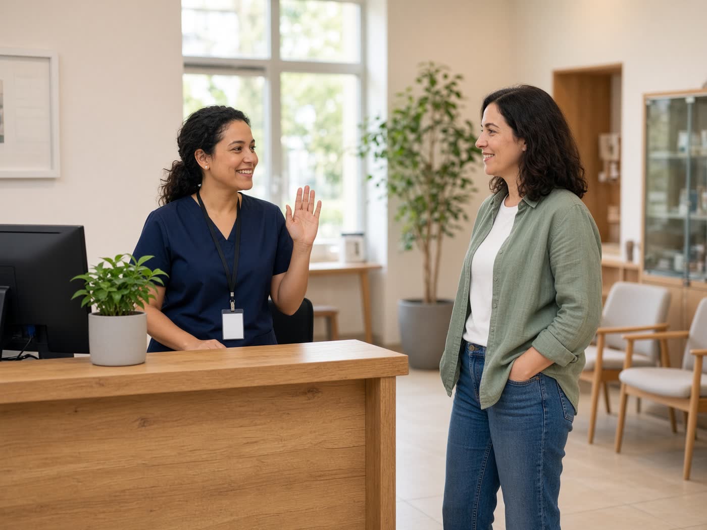 A receptionist greeting someone at the desk.