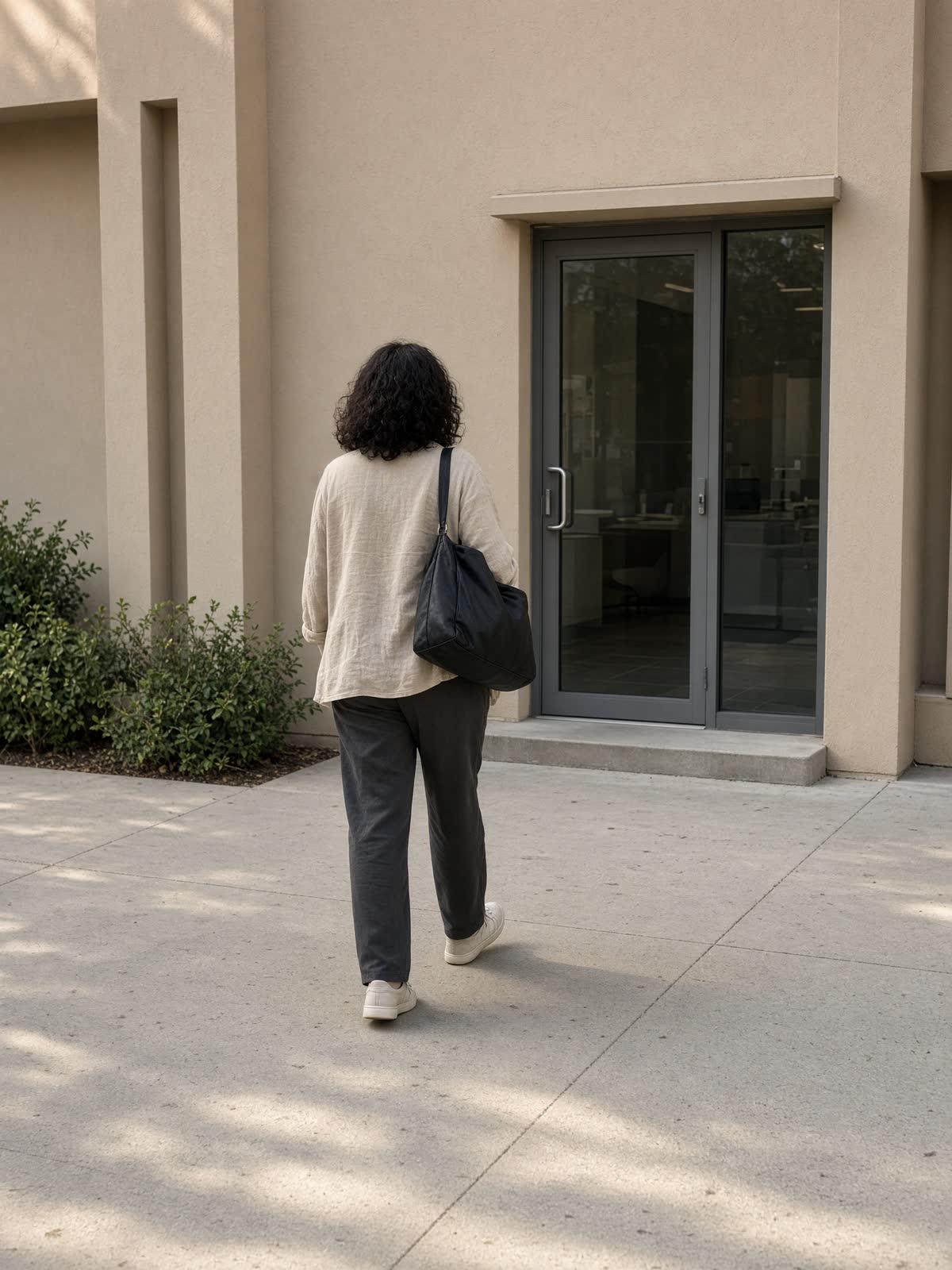 A person walking toward a clinic door.