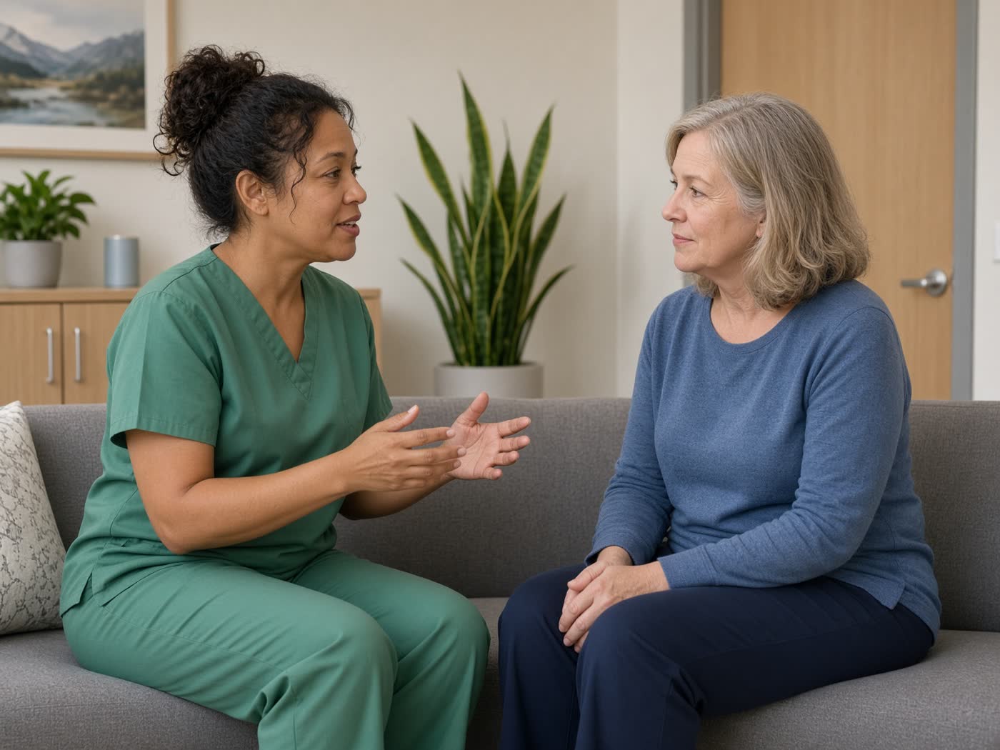 A nurse talking with a seated patient.