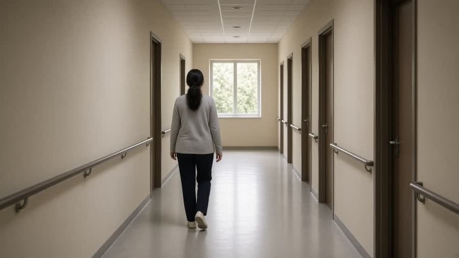A person walking down a clinic hallway.
