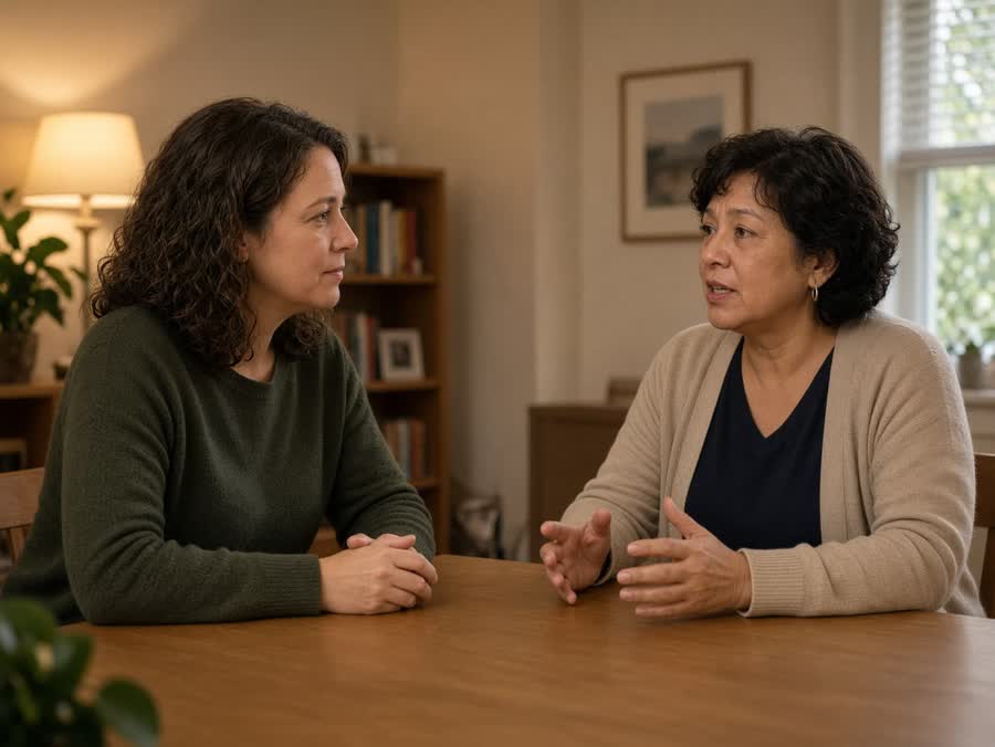 A clinician listening to a patient across a table.