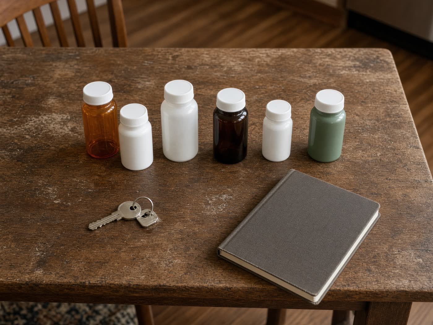 Medicine bottles and a key on a table.
