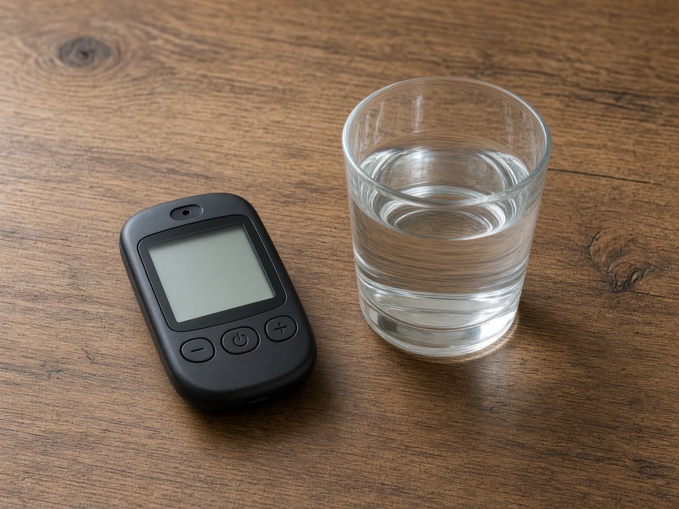 A glass of water and a glucose meter on a table.