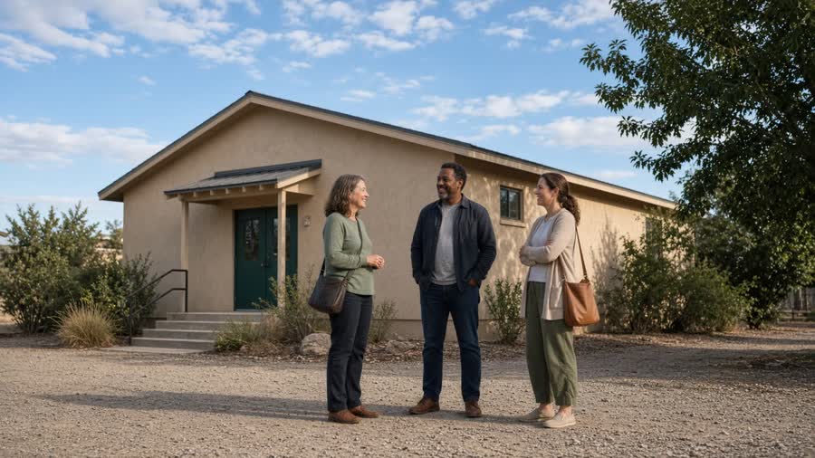 Three adults talking outside a community building.