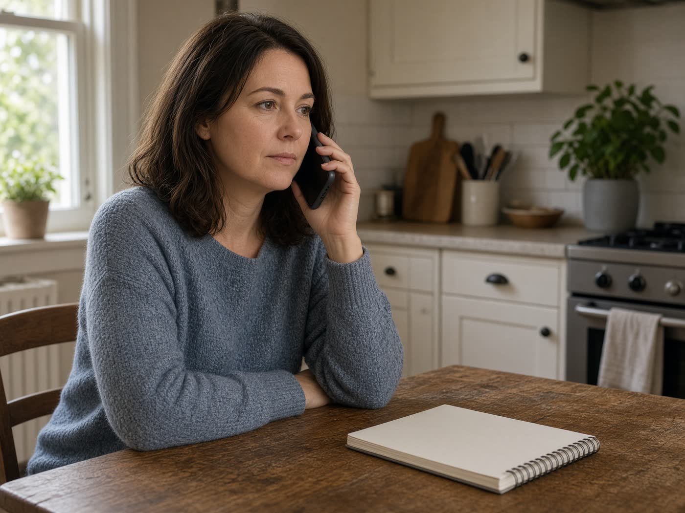 A woman on the phone at a kitchen table.