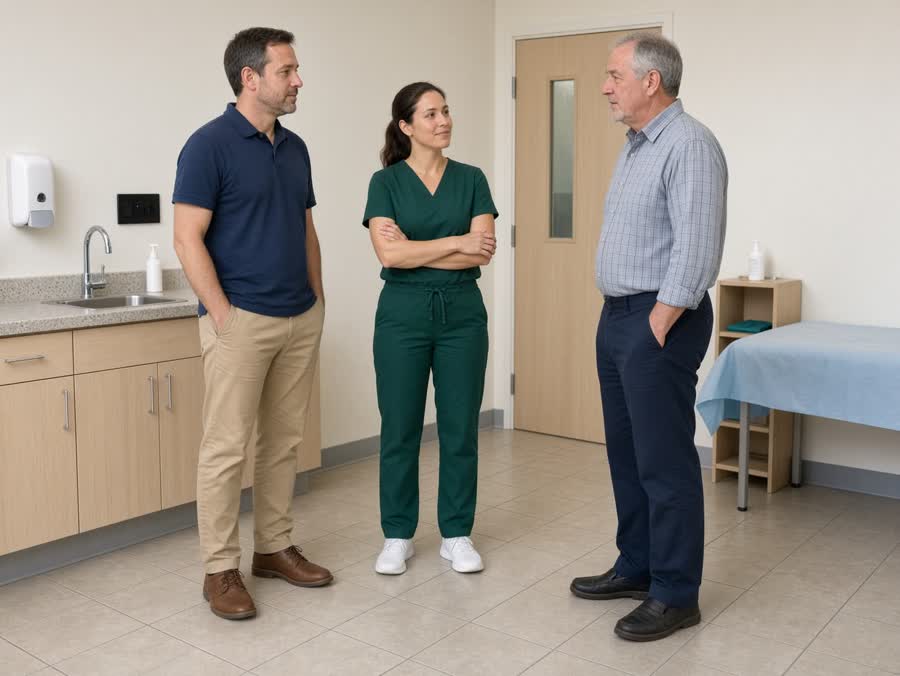 A doctor, a nurse, and a patient talking in an exam room.