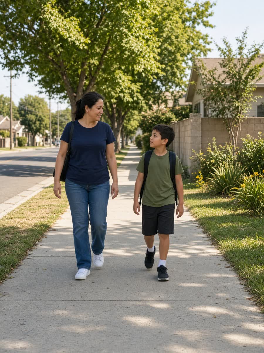 A parent and child walking on a sidewalk.